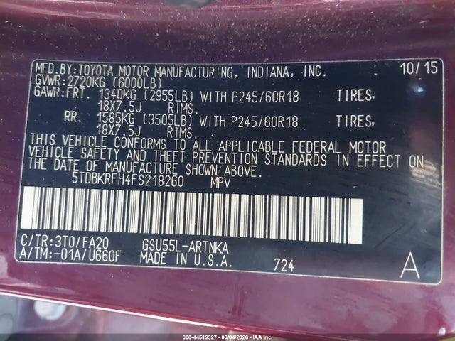 Toyota Highlander Le Plus V6 2015 5TDBKRFH4FS218260 Image 9