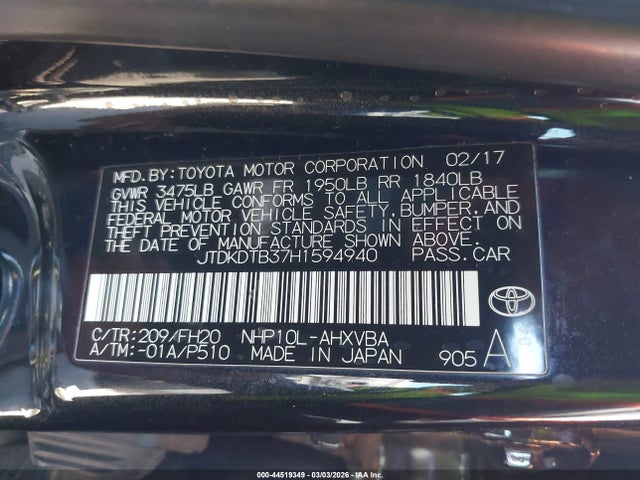 JTDKDTB37H1594940 Toyota Prius C One