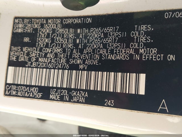 2006 Lexus Gx 470 მანქანა იყიდება აუქციონზე, vin: JTJBT20X160124776, აუქციონის ნომერი: 44519356