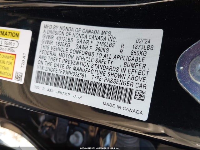 Honda Civic Touring 2024 2HGFE1F93RH328661 Image 9