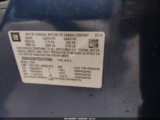Chevrolet EQUINOX LT 2016 2GNALCEK7G6275056 Image 9