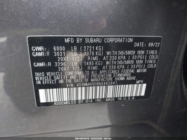 Auction sale of the 2022 Subaru Ascent Touring, vin: 4S4WMARD8N3465847, lot number: 44519376