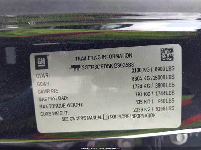 Aukcja sprzedaży 2019 Gmc Sierra 1500 Slt, vin: 3GTP8DED5KG303588, numer aukcji: 44519397