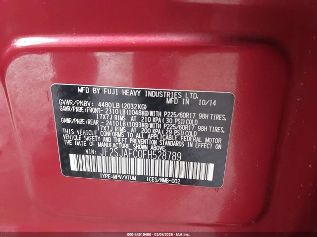 44519468 :رقم المزاد ، JF2SJAFC0FH528789 vin ، 2015 Subaru Forester 2.5i Premium مزاد بيع