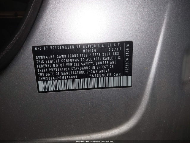 44519483 :رقم المزاد ، 3VW267AJ2GM346899 vin ، 2016 Volkswagen Jetta 1.4t S مزاد بيع