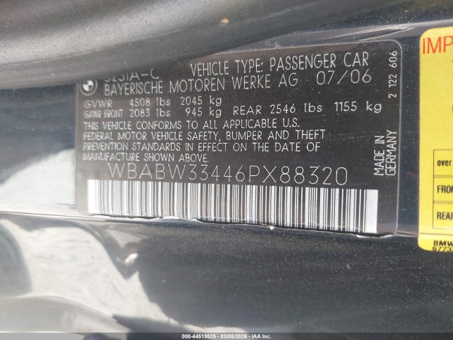44519525 :رقم المزاد ، WBABW33446PX88320 vin ، 2006 Bmw 325ci مزاد بيع
