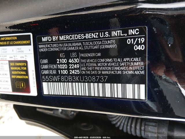 2019 Mercedes-benz C 300 მანქანა იყიდება აუქციონზე, vin: 55SWF8DB3KU308737, აუქციონის ნომერი: 44519529