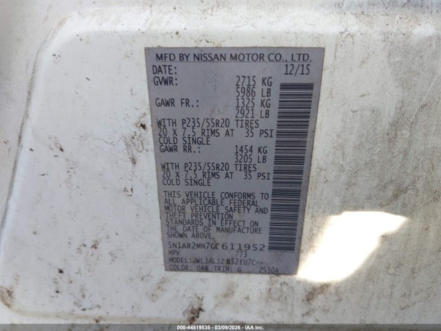 Aukcja sprzedaży 2016 Nissan Pathfinder Platinum, vin: 5N1AR2MN7GC611952, numer aukcji: 44519535