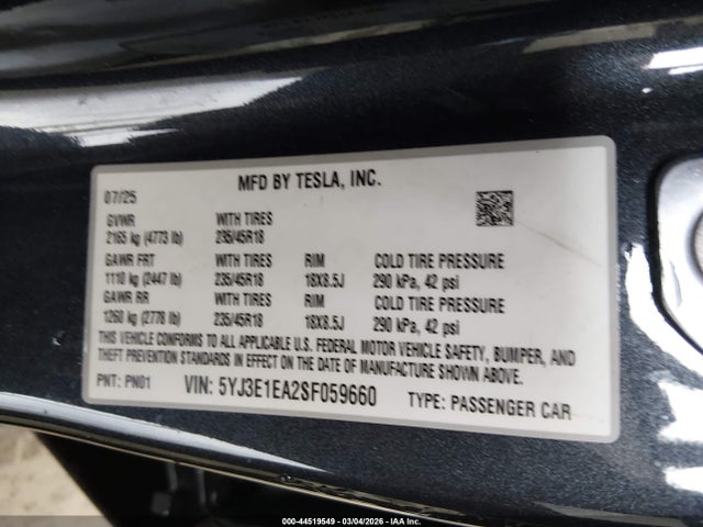 Продаж на аукціоні авто 2025 Tesla Model 3 Long Range Rear-wheel Drive/standard Rear-wheel Drive, vin: 5YJ3E1EA2SF059660, номер лоту: 44519549