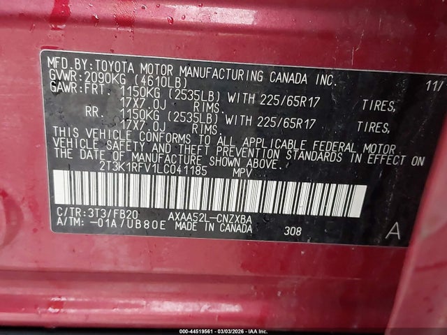 2020 Toyota Rav4 Le მანქანა იყიდება აუქციონზე, vin: 2T3K1RFV1LC041185, აუქციონის ნომერი: 44519561