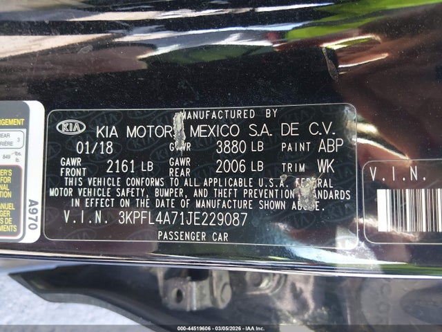 Aukcja sprzedaży 2018 Kia Forte S, vin: 3KPFL4A71JE229087, numer aukcji: 44519606