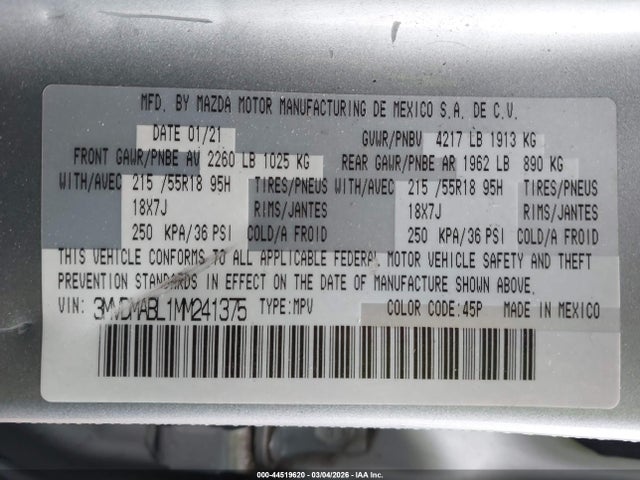Aukcja sprzedaży 2021 Mazda Cx-30 Select, vin: 3MVDMABL1MM241375, numer aukcji: 44519620