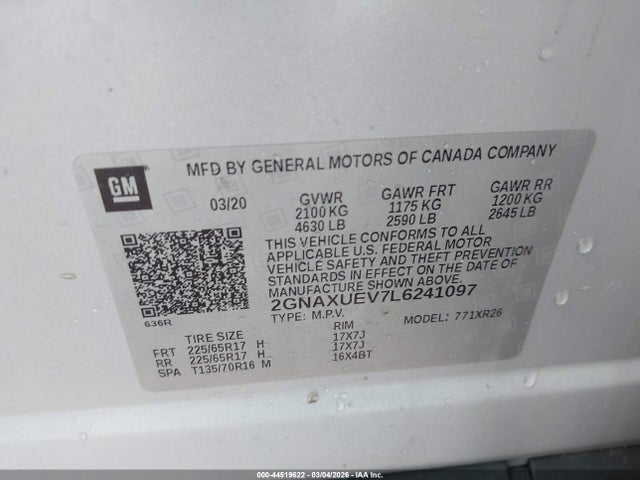 2020 Chevrolet Equinox Awd Lt 1.5l Turbo მანქანა იყიდება აუქციონზე, vin: 2GNAXUEV7L6241097, აუქციონის ნომერი: 44519622