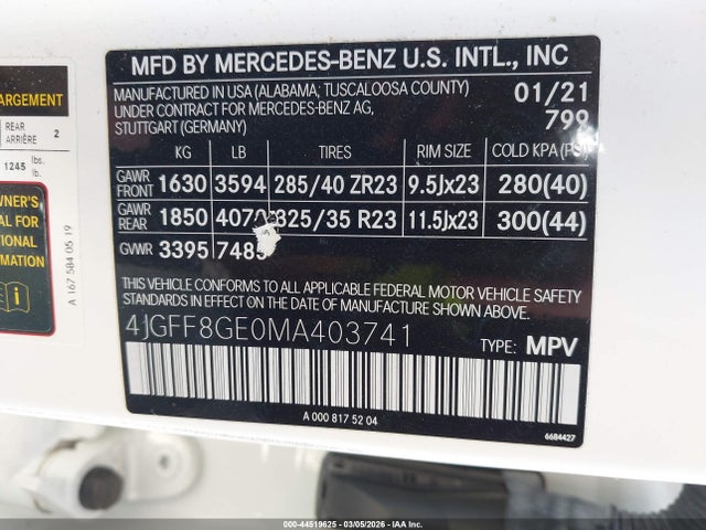 Aukcja sprzedaży 2021 Mercedes-benz Gls 580 4matic, vin: 4JGFF8GE0MA403741, numer aukcji: 44519625