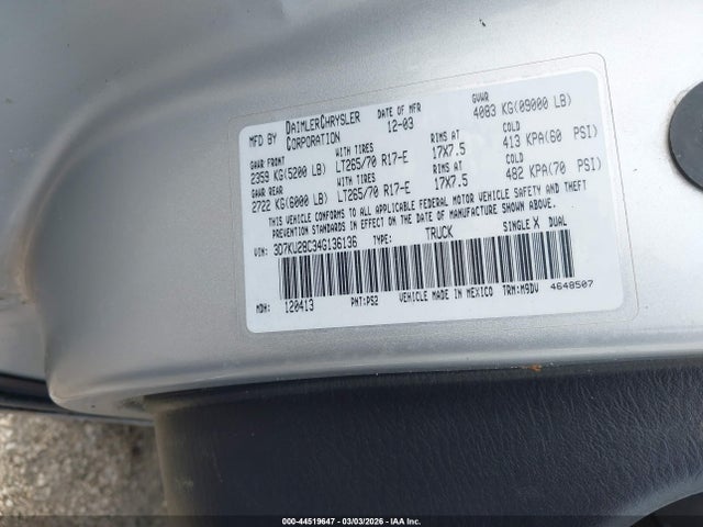 44519647 :رقم المزاد ، 3D7KU28C34G136136 vin ، 2004 Dodge Ram 2500 Slt/laramie مزاد بيع