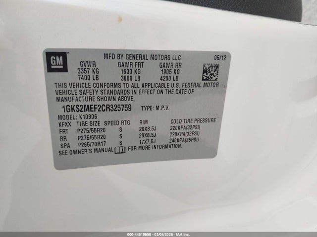 Aukcja sprzedaży 2012 Gmc Yukon Xl 1500 Denali, vin: 1GKS2MEF2CR325759, numer aukcji: 44519658