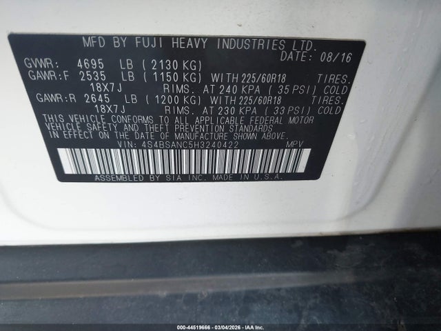 Subaru Outback 2.5i Limited 2017 4S4BSANC5H3240422 Image 9