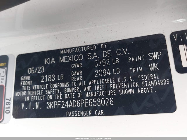 Продаж на аукціоні авто 2023 Kia Forte Lxs, vin: 3KPF24AD6PE653026, номер лоту: 44519684
