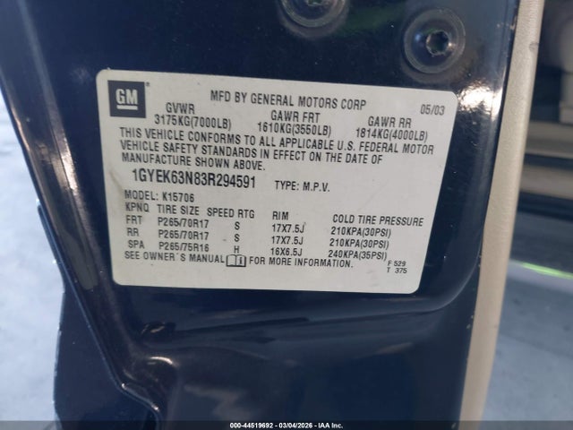 2003 CADILLAC ESCALADE 1GYEK63N83R294591 Photo 8