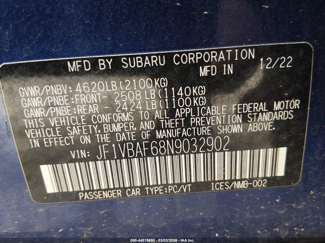 Продаж на аукціоні авто 2022 Subaru Wrx Premium, vin: JF1VBAF68N9032902, номер лоту: 44519698