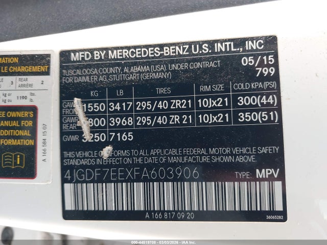 Продаж на аукціоні авто 2015 Mercedes-benz Gl 63 Amg 4matic, vin: 4JGDF7EEXFA603906, номер лоту: 44519708