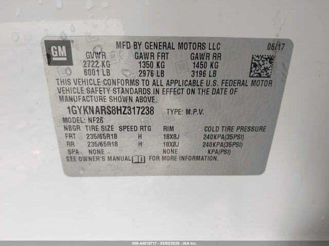 Продаж на аукціоні авто 2017 Cadillac Xt5 Standard, vin: 1GYKNARS8HZ317238, номер лоту: 44519717