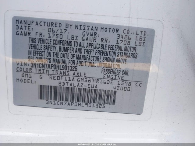 3N1CN7AP0HL901325 Nissan Versa 1.6 S+