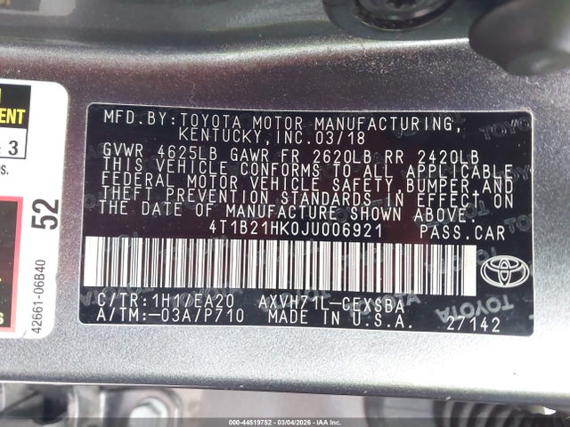 4T1B21HK0JU006921 Toyota Camry Hybrid Se