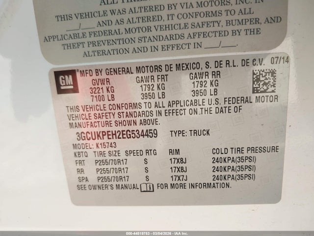 Продаж на аукціоні авто 2014 Chevrolet Silverado 1500 Work Truck 1wt, vin: 3GCUKPEH2EG534459, номер лоту: 44519753