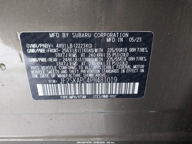 Aukcja sprzedaży 2023 Subaru Forester Limited, vin: JF2SKAPC4PH481019, numer aukcji: 44519769