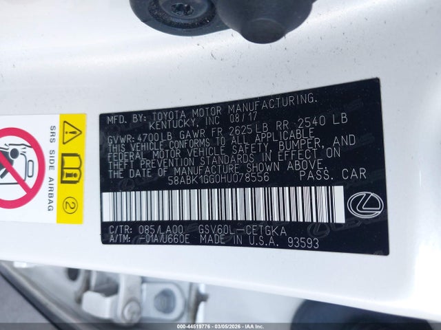 Aukcja sprzedaży 2017 Lexus Es 350, vin: 58ABK1GG0HU078556, numer aukcji: 44519776
