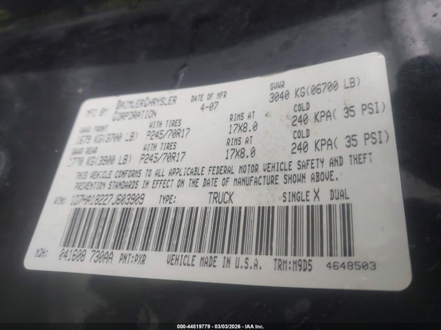 Продаж на аукціоні авто 2007 Dodge Ram 1500 Slt, vin: 1D7HA18227J603909, номер лоту: 44519779