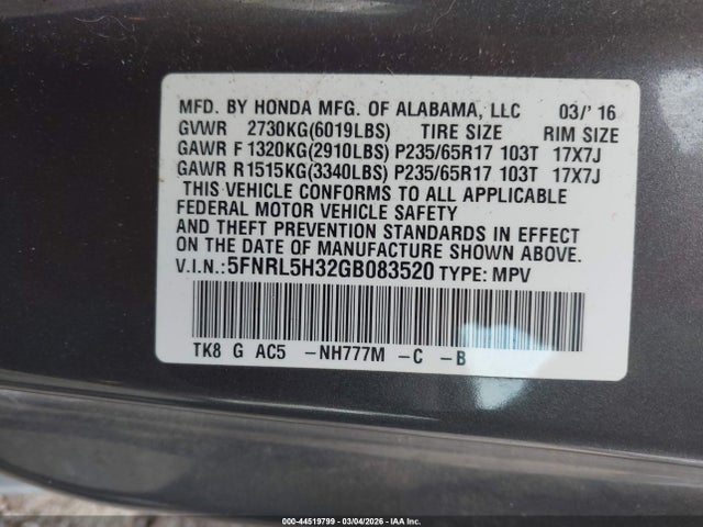 Honda ODYSSEY SE 2016 5FNRL5H32GB083520 Image 9