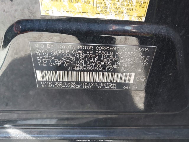 44519845 :رقم المزاد ، JTHBH96S565040177 vin ، 2006 Lexus Gs 300 مزاد بيع
