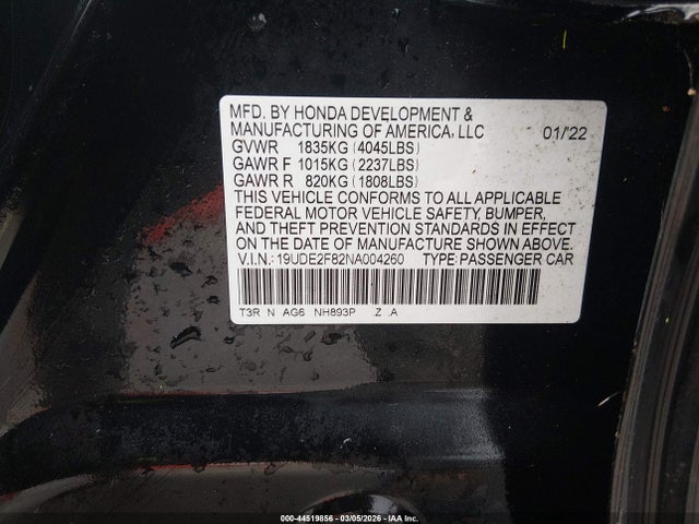 44519856 :رقم المزاد ، 19UDE2F82NA004260 vin ، 2022 Acura Ilx Premium   A-spec Packages/technology   A-spec Packages مزاد بيع