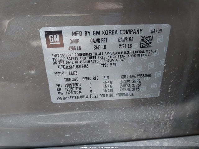 Aukcja sprzedaży 2020 Chevrolet Trax Fwd Ls, vin: KL7CJKSB1LB342485, numer aukcji: 44519858