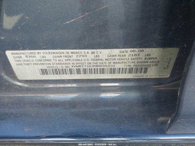 44519862 :رقم المزاد ، 3VWRZ71K99M035231 vin ، 2009 Volkswagen Jetta Se/sel مزاد بيع