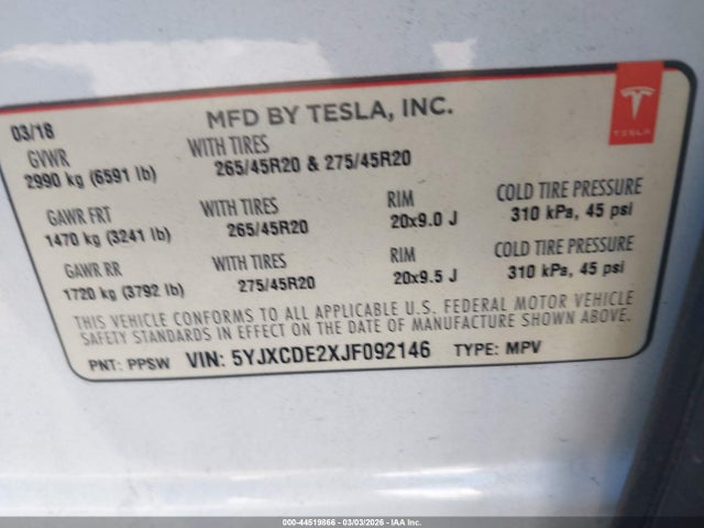 44519866 :رقم المزاد ، 5YJXCDE2XJF092146 vin ، 2018 Tesla Model X 100d/75d/p100d مزاد بيع