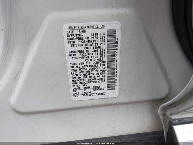2006 Nissan Murano Sl მანქანა იყიდება აუქციონზე, vin: JN8AZ08T26W427084, აუქციონის ნომერი: 44519885