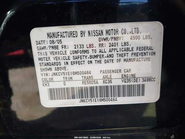 2006 Infiniti G35 მანქანა იყიდება აუქციონზე, vin: JNKCV51E16M500464, აუქციონის ნომერი: 44519892