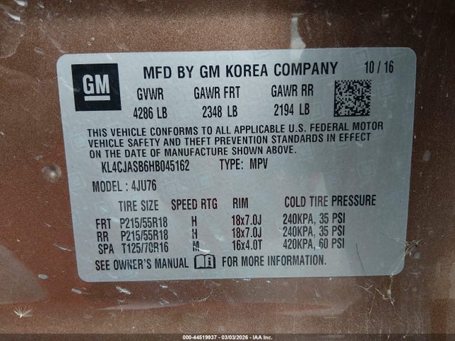 2017 Buick Encore Preferred მანქანა იყიდება აუქციონზე, vin: KL4CJASB6HB045162, აუქციონის ნომერი: 44519937