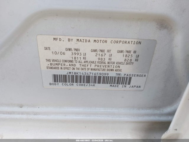 2007 Mazda Mazda3 მანქანა იყიდება აუქციონზე, vin: JM1BK143471659099, აუქციონის ნომერი: 44519951