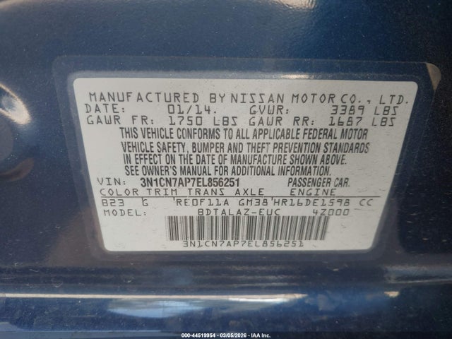 Nissan Versa 1.6 S+ 2014 3N1CN7AP7EL856251 Image 9