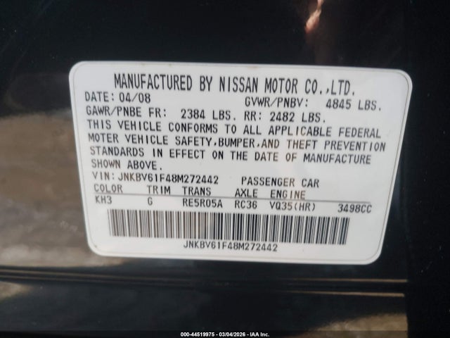 Aukcja sprzedaży 2008 Infiniti G35x, vin: JNKBV61F48M272442, numer aukcji: 44519975