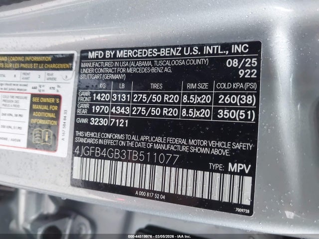 Aukcja sprzedaży 2026 Mercedes-benz Gle 450e 4matic, vin: 4JGFB4GB3TB511077, numer aukcji: 44519976