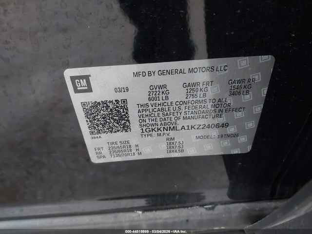 44519999 :رقم المزاد ، 1GKKNMLA1KZ240649 vin ، 2019 Gmc Acadia Slt-1 مزاد بيع