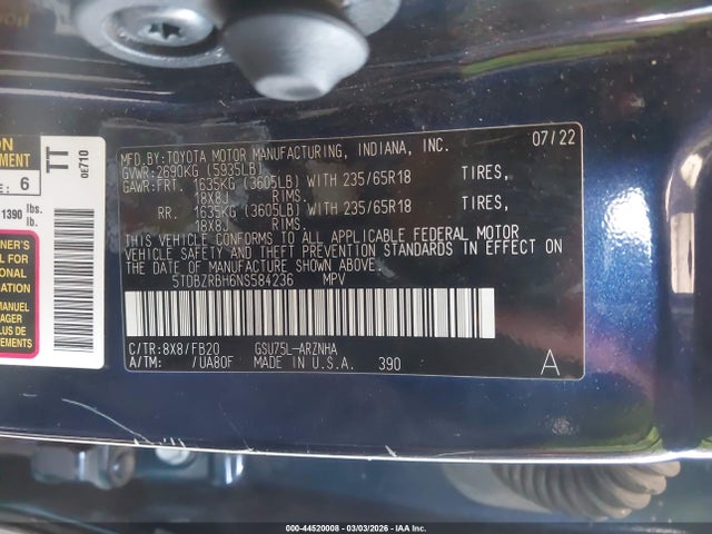 Toyota Highlander Le 2022 5TDBZRBH6NS584236 Image 9