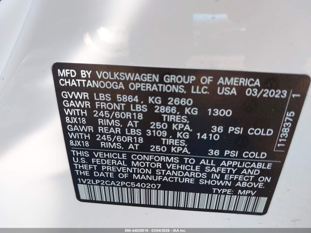 2023 Volkswagen Atlas 2.0t Se მანქანა იყიდება აუქციონზე, vin: 1V2LP2CA2PC540207, აუქციონის ნომერი: 44520016