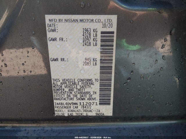 44520037 :رقم المزاد ، 1N4BL4DV9MN312071 vin ، 2021 Nissan Altima Sv Fwd مزاد بيع