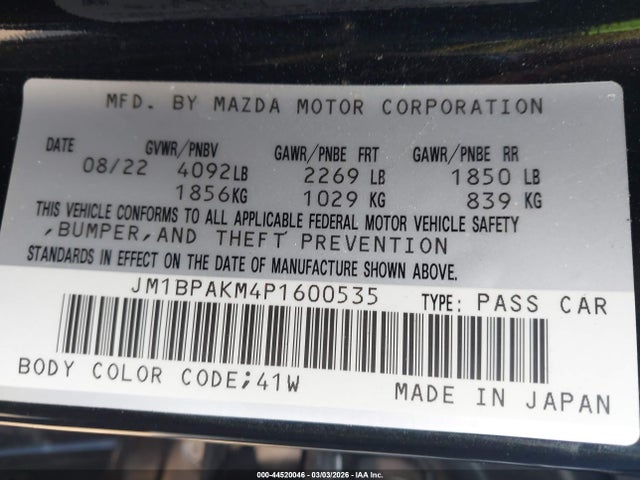 2023 Mazda Mazda3 2.5 S Select მანქანა იყიდება აუქციონზე, vin: JM1BPAKM4P1600535, აუქციონის ნომერი: 44520046